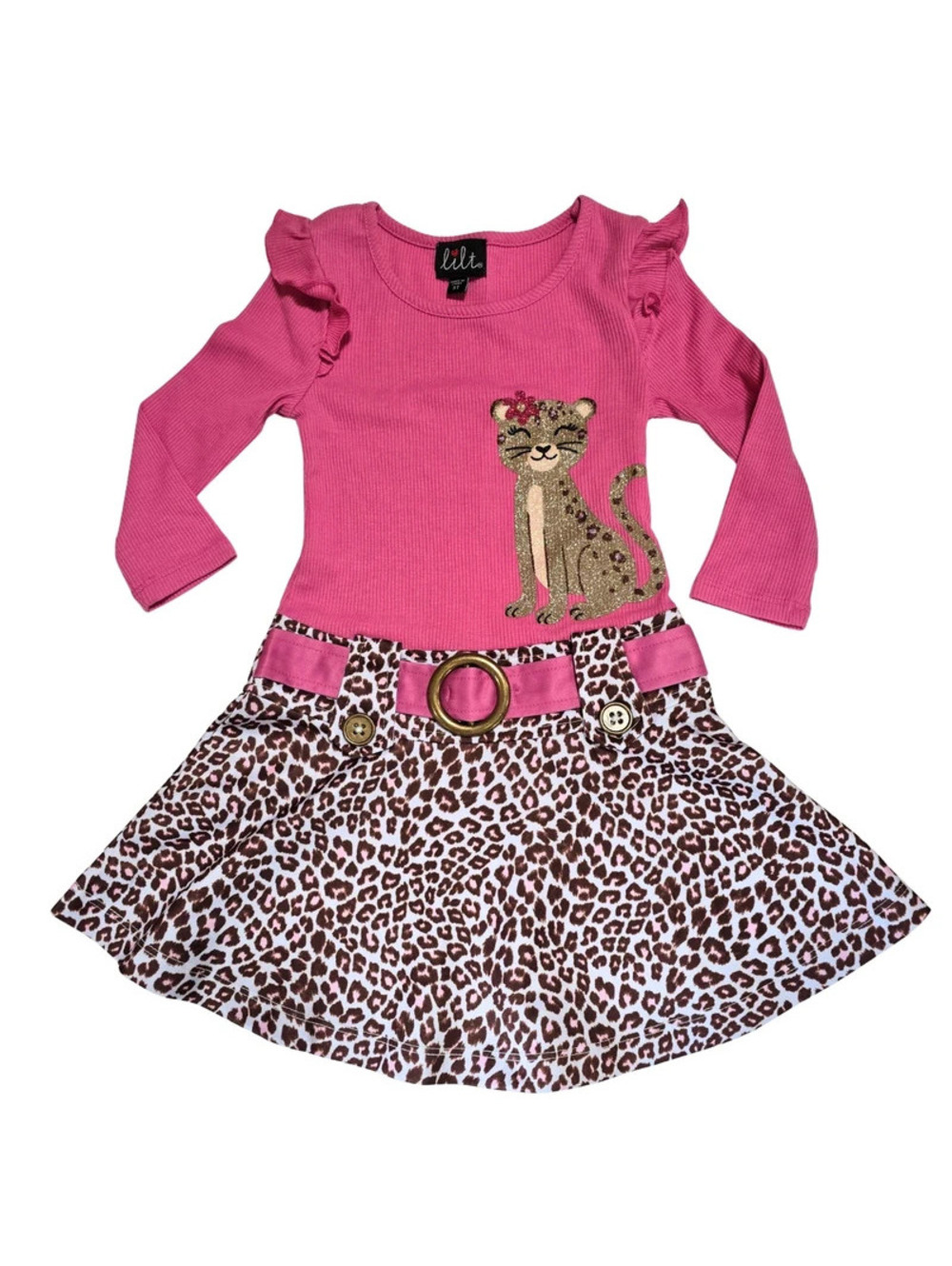 Lilt Girls 3T Pink Leopard Print Cat Glitter Long Sleeve Dress NWT